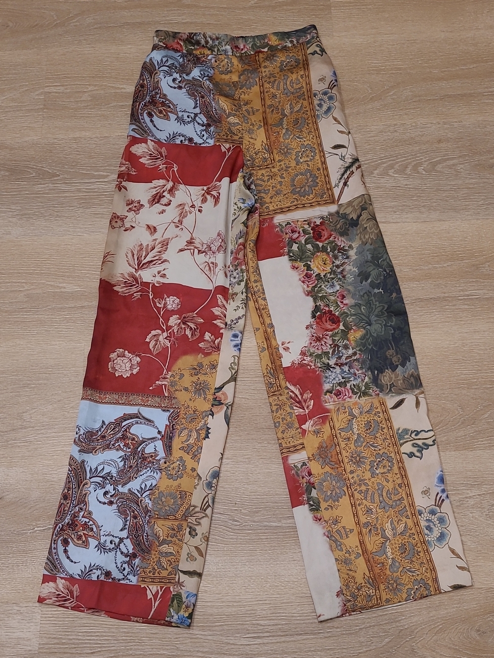 Zara Patchwork Print Satin Wide-Leg Trousers - Red, Blue, Yellow, Cream, Green